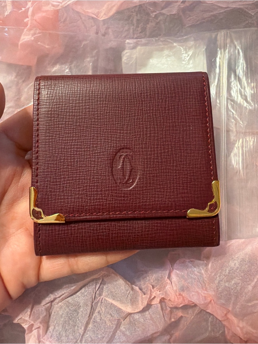 Cartier Burgundy Leather Compact coin wallet with Gold Corner Hardware